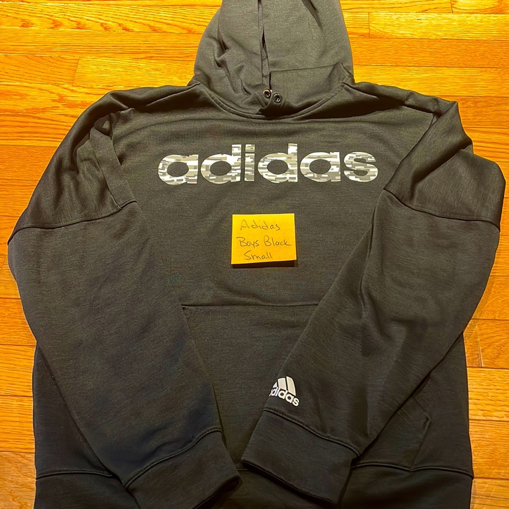 Men’s black size small hoodie sweatshirt with gray and white camo lettering